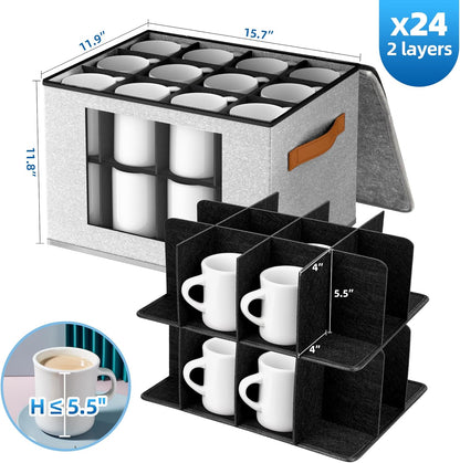 2-Layer Coffee Mug Storage Box with Dividers, Cup Storage Organizer with Zipper Lid and Handles