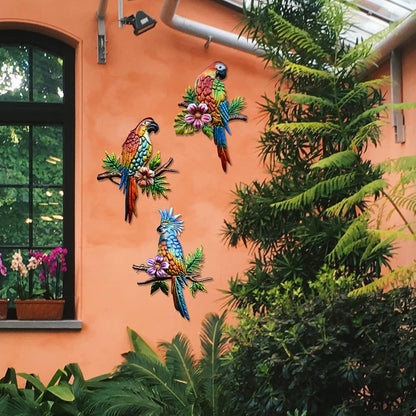 J-Fly Parrot Tropical Wall Art Decor - 3 Hanging Sculptures, Metal, 12" x 8.5", Indoor Kitchen