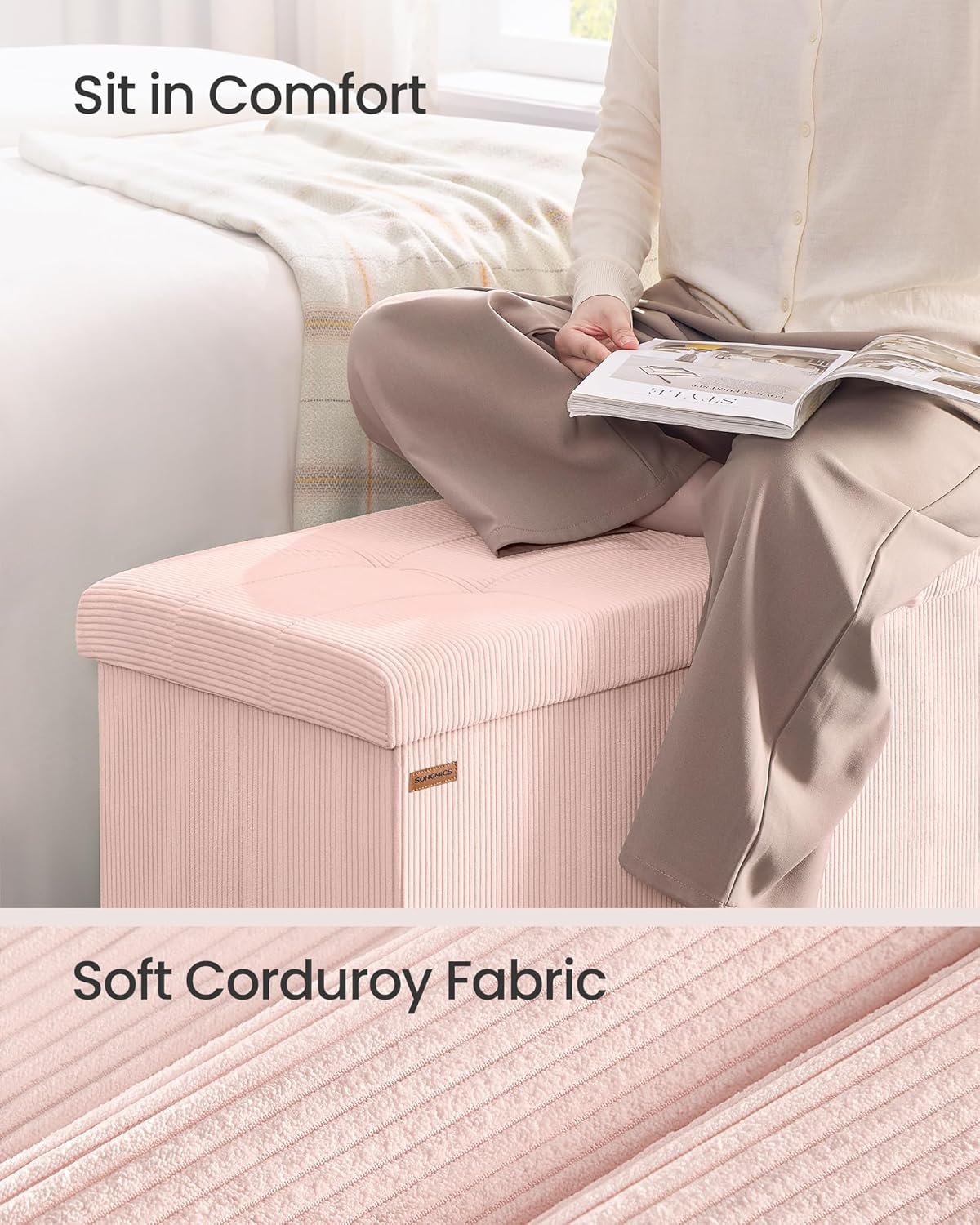SONGMICS MAZIE Collection - Storage Ottoman Bench, Foldable Foot Rest, 15 x 43 x 15 Inches, End of