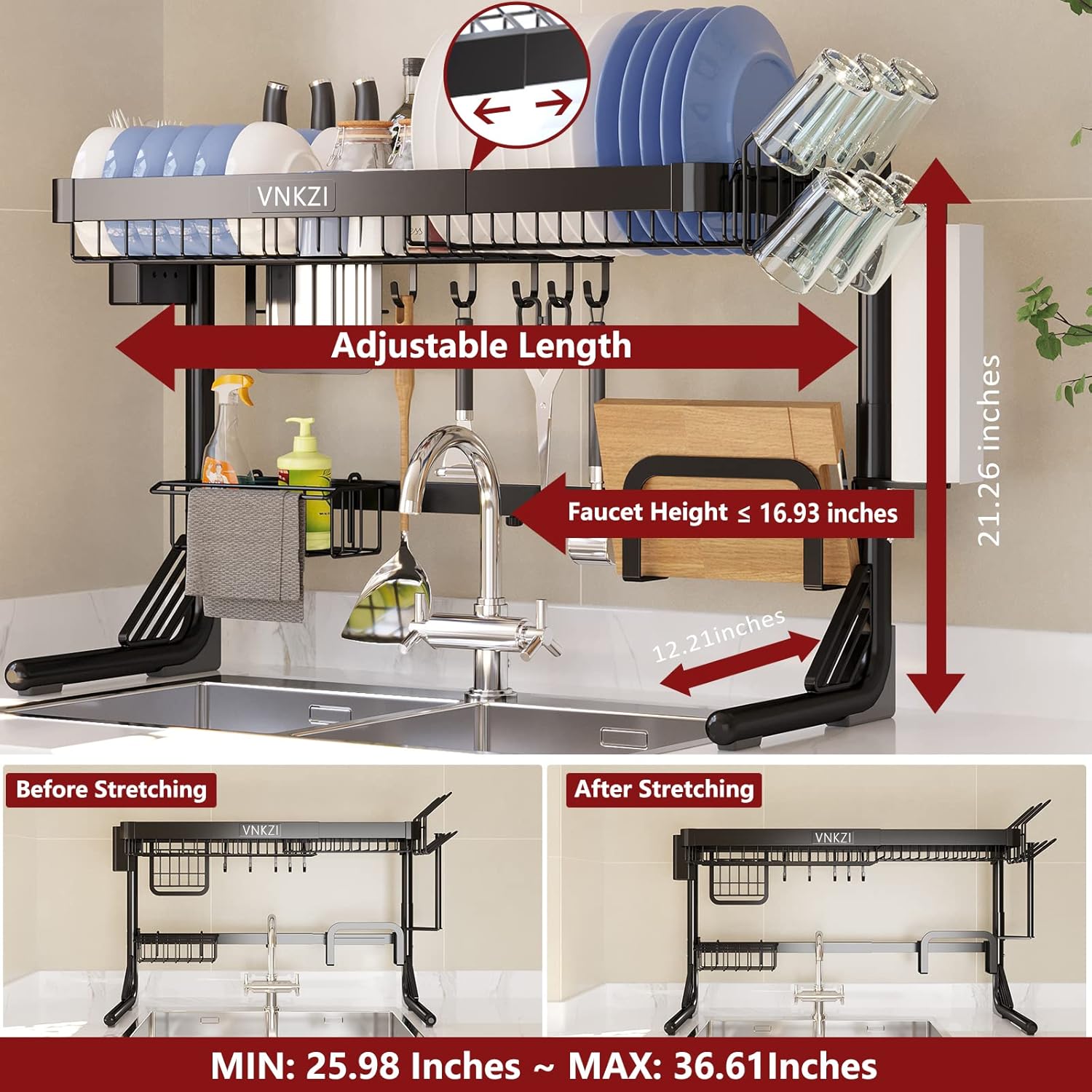 VNKZI Over Sink Dish Drying Rack, 2 Tier Full Stainless Steel Storage Adjustable Length (25.98'' to