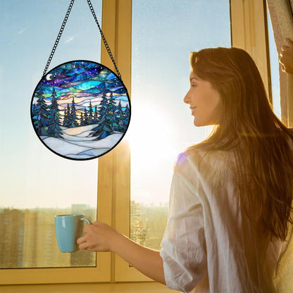 Stained Glass Window Hanging, Starry Sky Trees and Snow Sun Catchers Glass Panel Blue Suncatcher