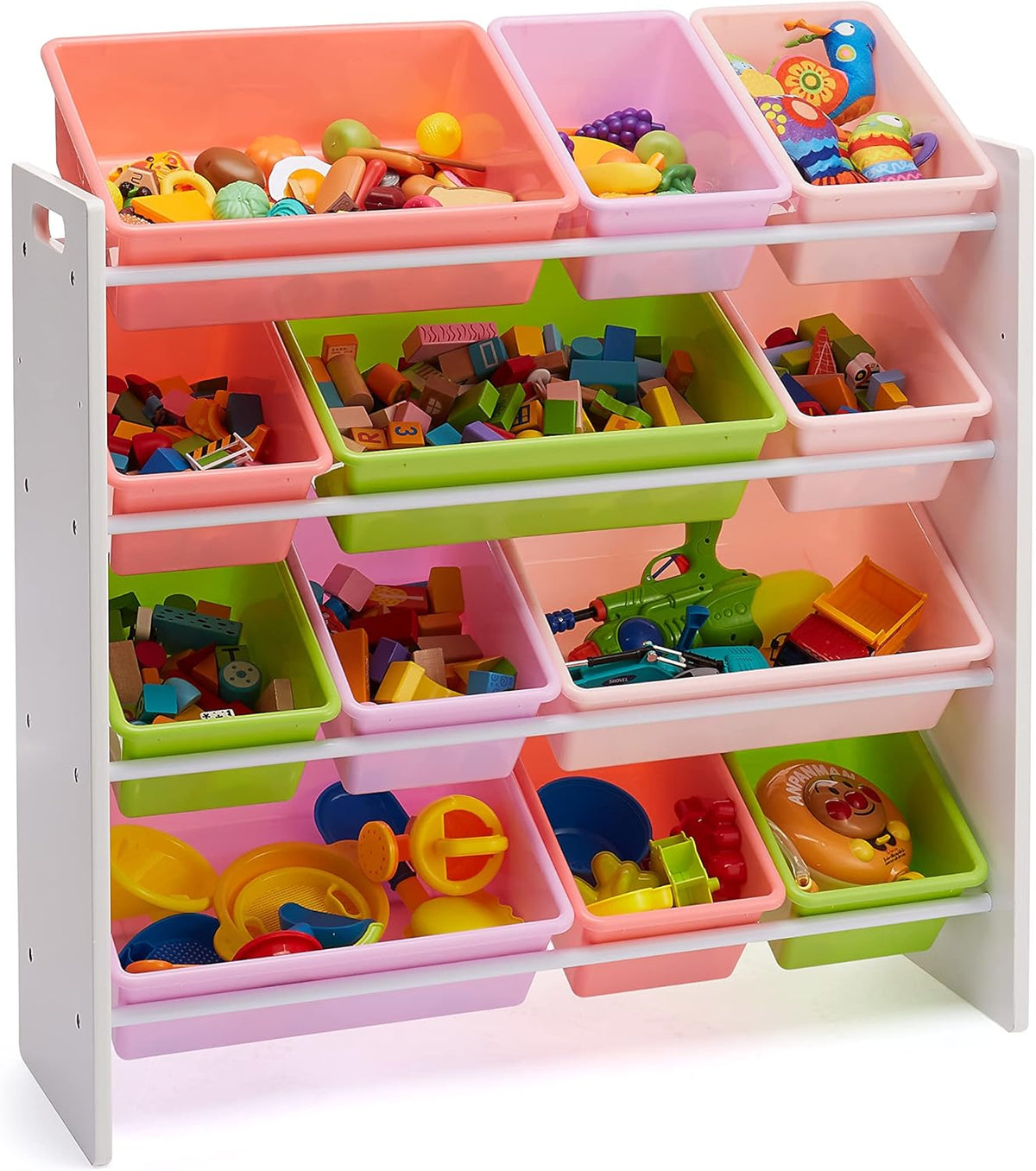 Amazon Basics Kids Toy Storage Organizer With 12 Plastic Bins, White Wood With Pink Bins, 10.9" D x