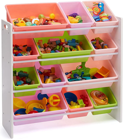 Amazon Basics Kids Toy Storage Organizer With 12 Plastic Bins, White Wood With Pink Bins, 10.9" D x