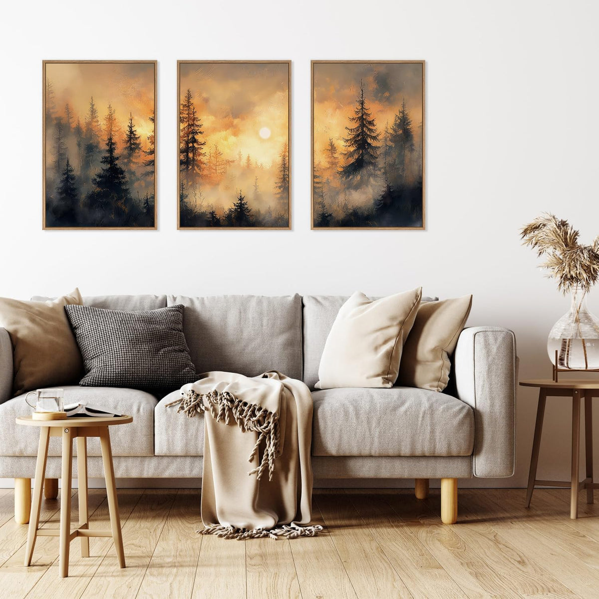 HLNIUC Golden Sunshine Forest Framed Canvas Wall Art,Foggy Forest Pine Tree Wall Decor,Large Sunset
