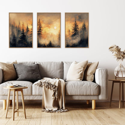HLNIUC Golden Sunshine Forest Framed Canvas Wall Art,Foggy Forest Pine Tree Wall Decor,Large Sunset