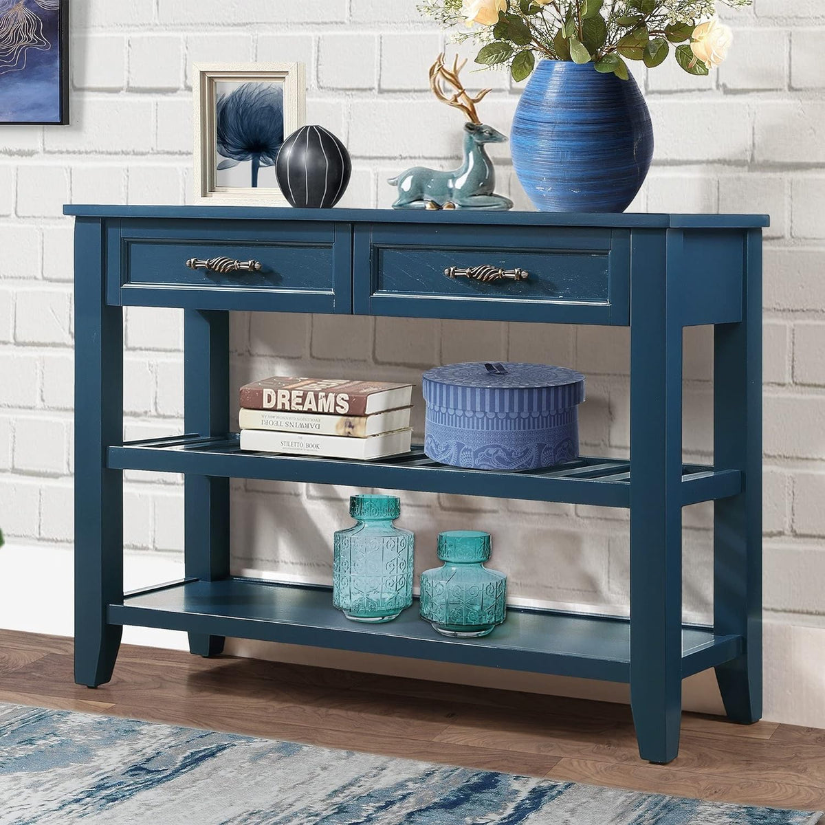 Solid Wood Console Table Entryway Table with Storage Drawers and Shelves Sofa Table for Entry