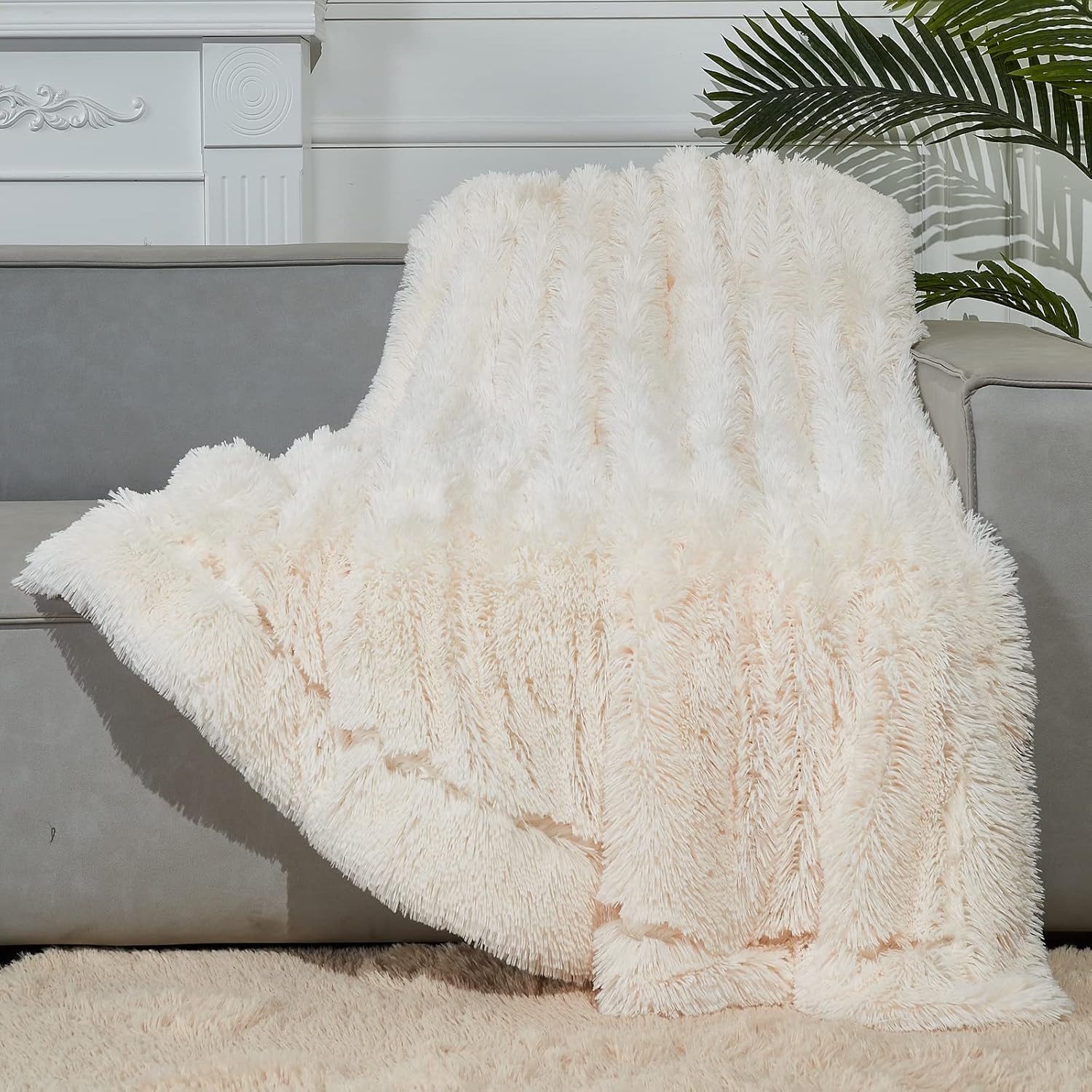 GONAAP Fuzzy Faux Fur Throw Blanket Twin Size Ivory Super Soft Cozy Plush Fuzzy Shaggy Blanket for