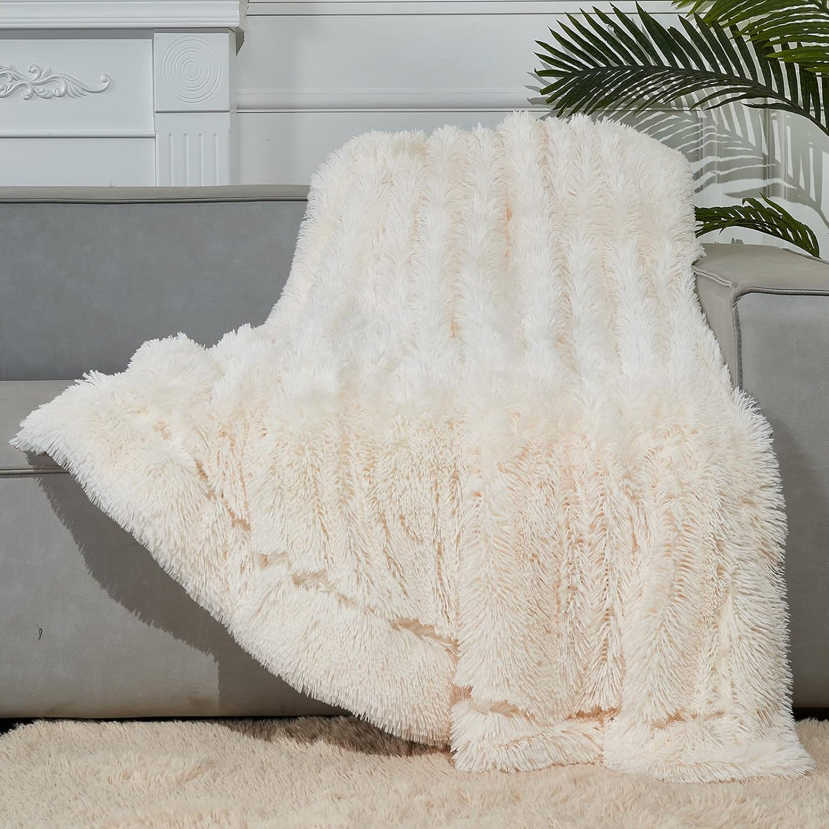 GONAAP Fuzzy Faux Fur Throw Blanket Ivory Super Soft Cozy Plush Fuzzy Shaggy Blanket for Couch Sofa