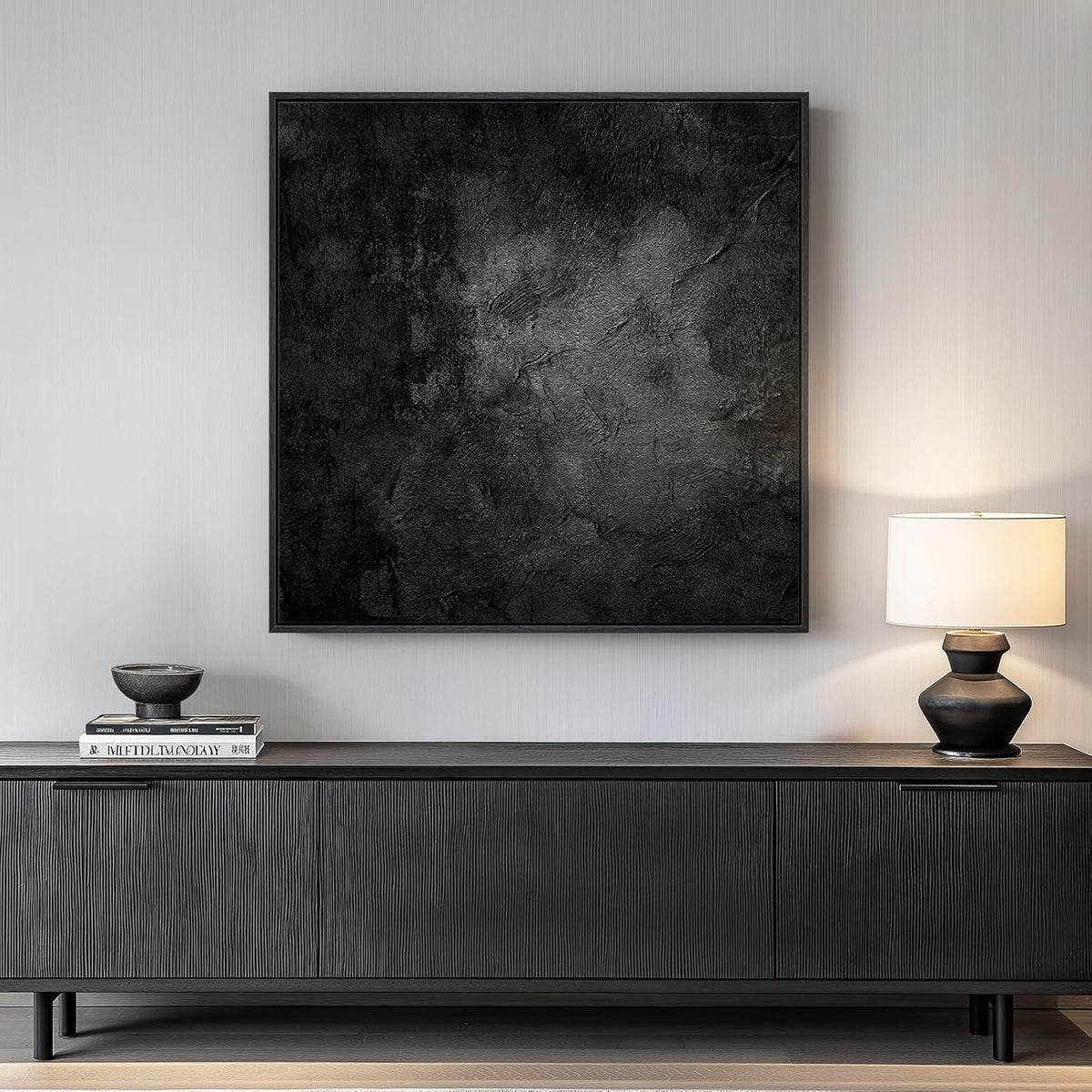Framed Black Abstract Wall Art, Modern Canvas Prints Paintings Artwork for Walls, Square Minimalist