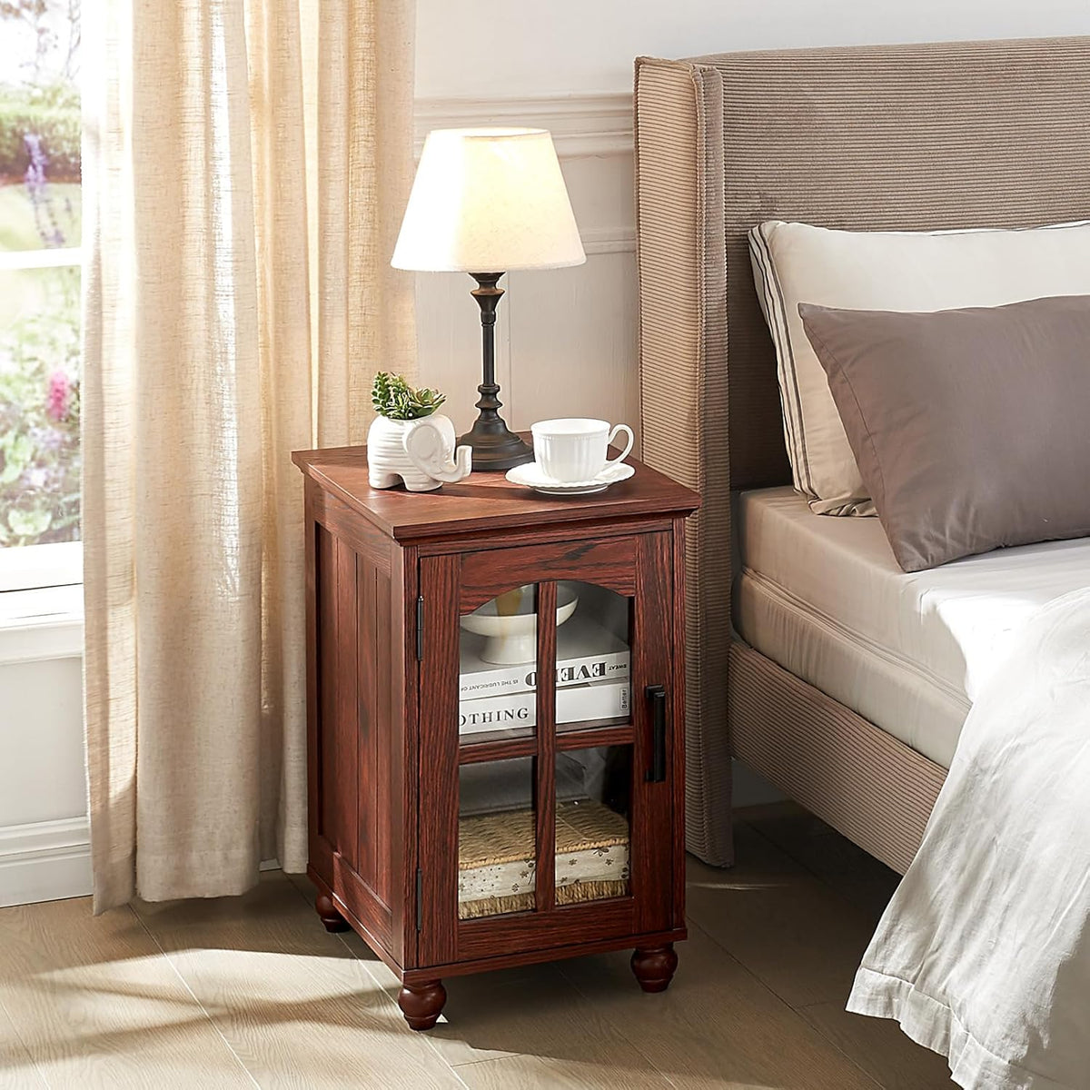 Narrow Side Table,Farmhouse Nightstand with Charging Station,Wood End Table with Glass Barn Door