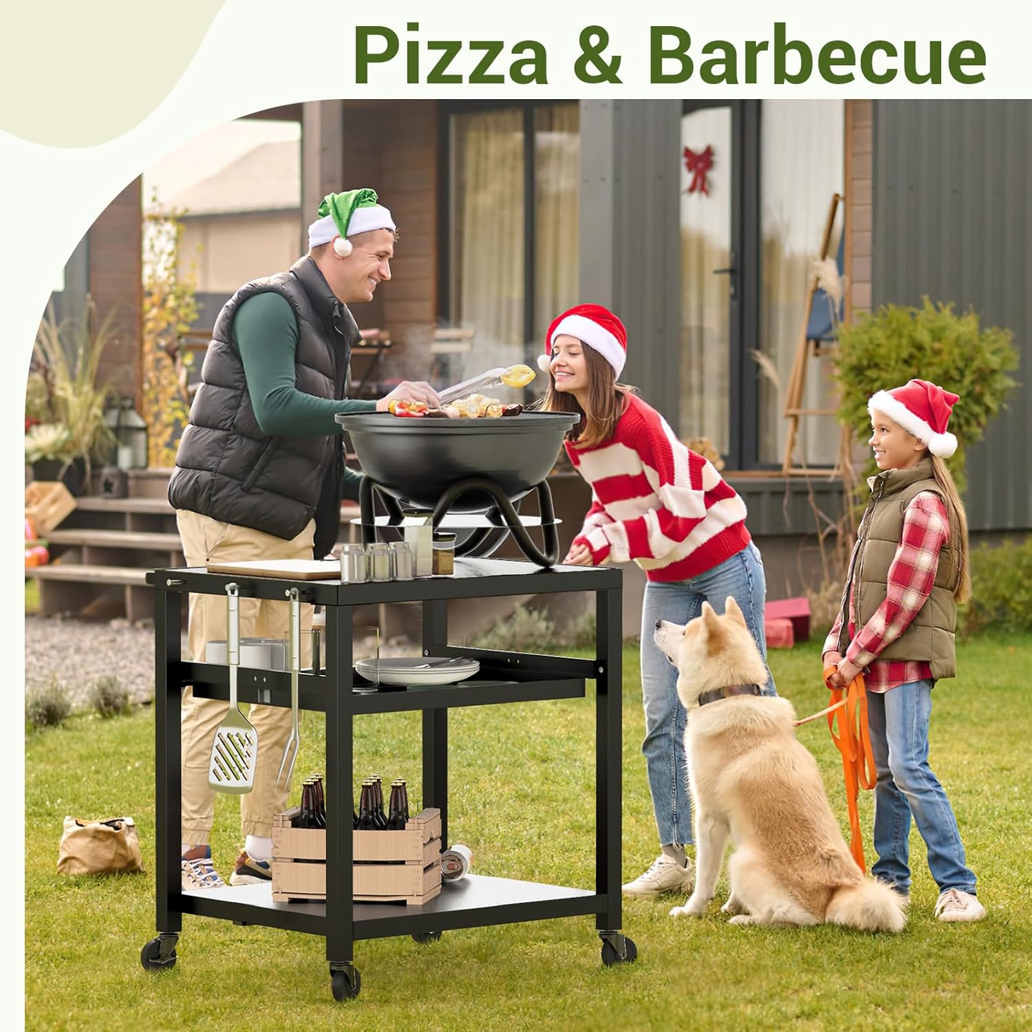 NUUK Outdoor Grill Prep Table 24"x30" Metal Grill Cart Outside 3-Layer Pizza Oven Table Movable