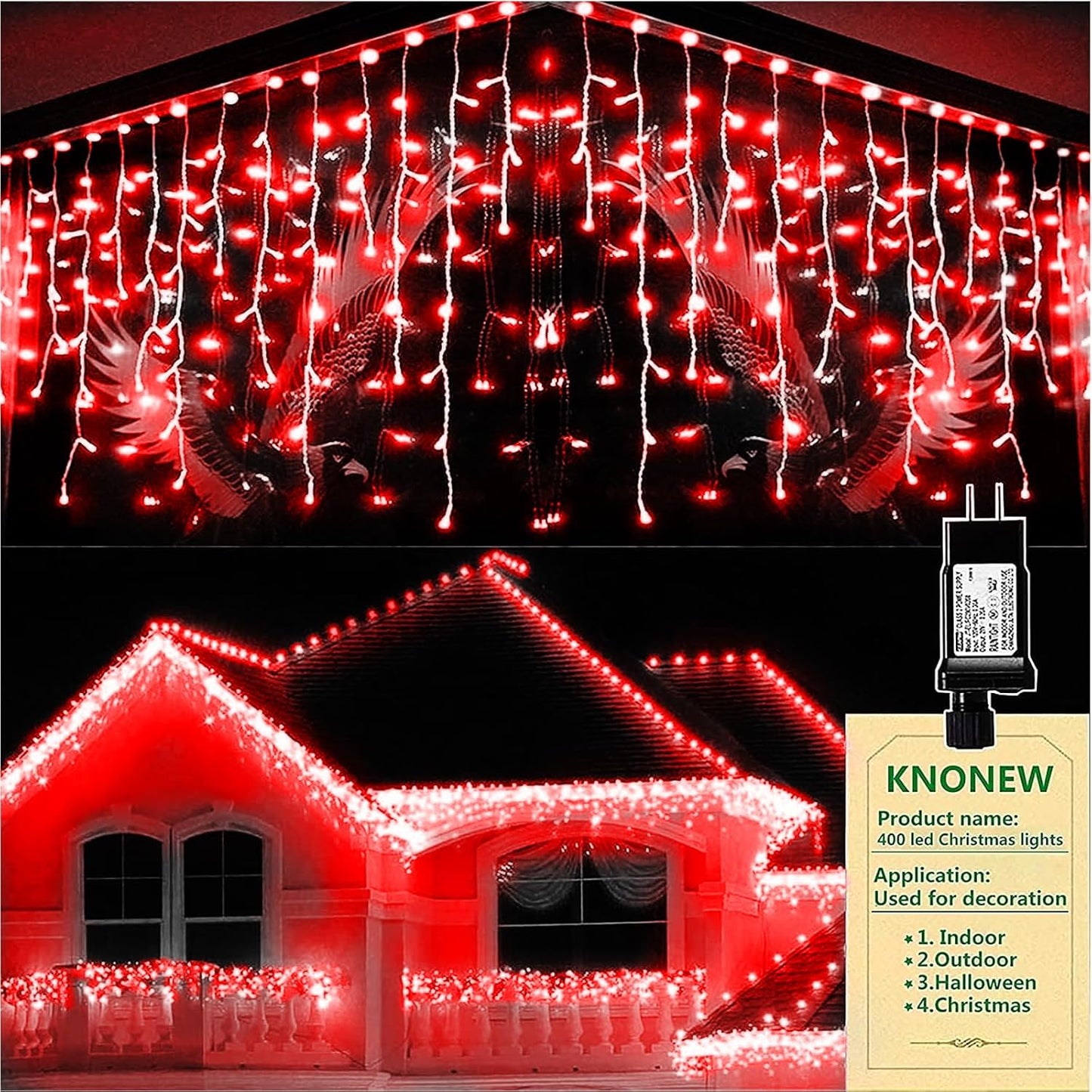 KNONEW Christmas Lights Outdoor Decorations 400 LED 33ft 8 Modes Curtain Fairy String Light with 75