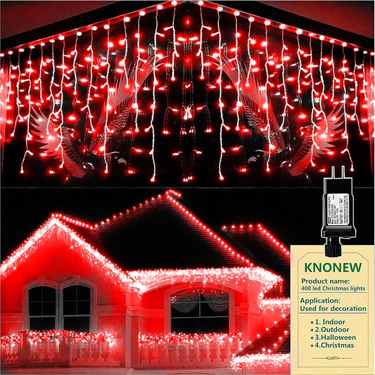 KNONEW Christmas Lights Outdoor Decorations 400 LED 33ft 8 Modes Curtain Fairy String Light with 75