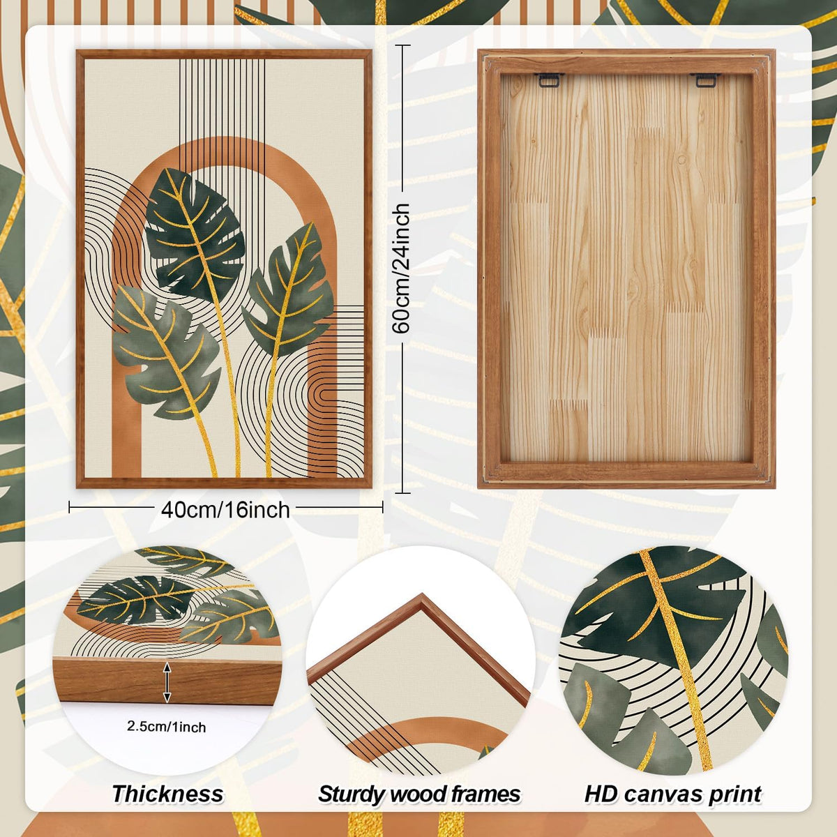 KAIRNE Boho Canvas Wall Art,Tropical Palm Leaf Wall Decor,Mid-Century Geometric Illustrations Set