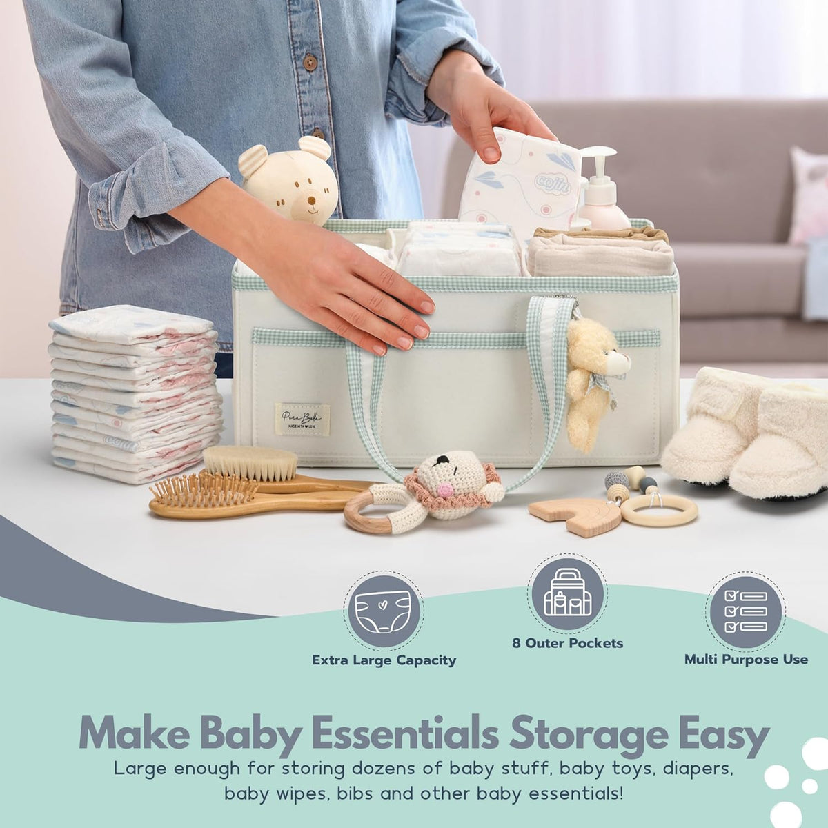 PeraBella XL Diaper Caddy Organizer With Handle, Baby Shower Gifts Basket Bag, Registry Search Must