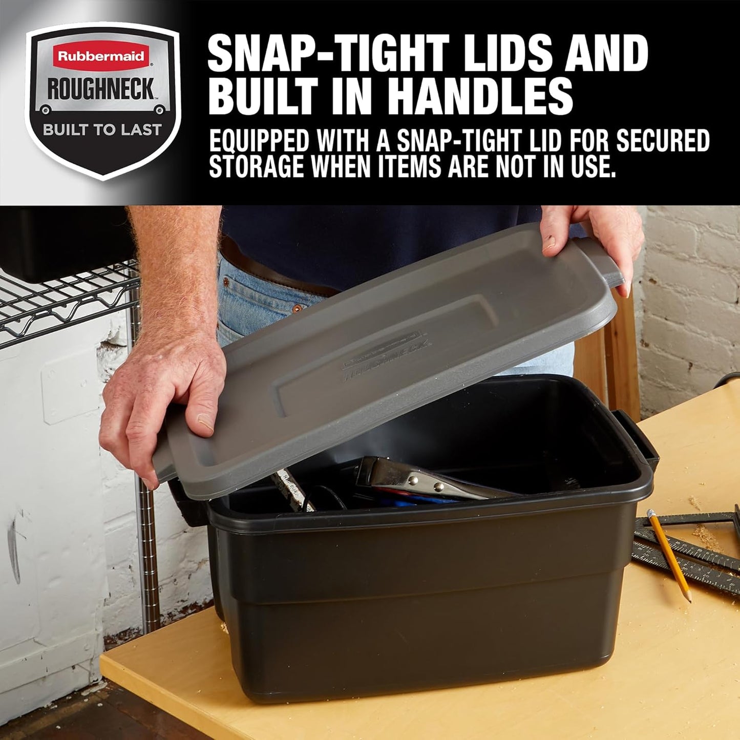 Rubbermaid Roughneck Tote 3 Gal, 6 Pack, Made in USA, Black & Gray, Rugged Plastic Stackable