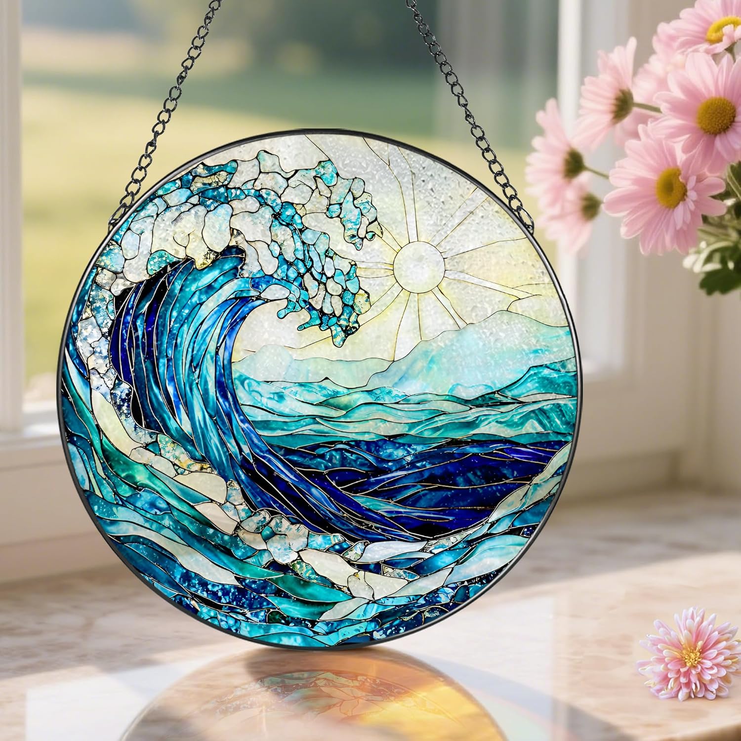 Stained Glass Window Hanging, 8 Inch Ocean Waves Stained Glass Suncatcher, Window Hanging Decor