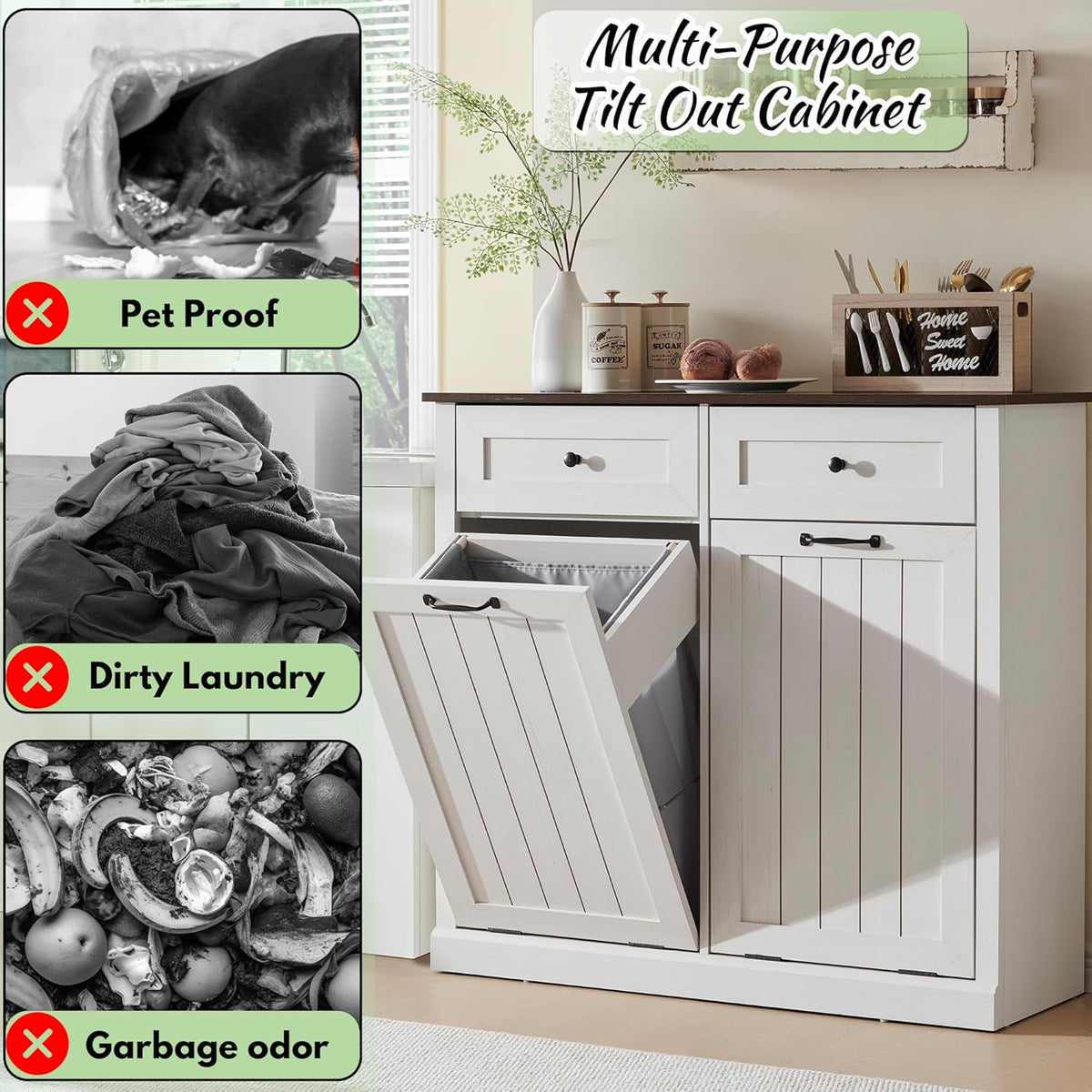 Double Tilt Out Laundry Hamper Cabinet, 20 Gallon Farmhouse Trash Can Cabinet with Drawer, Hidden