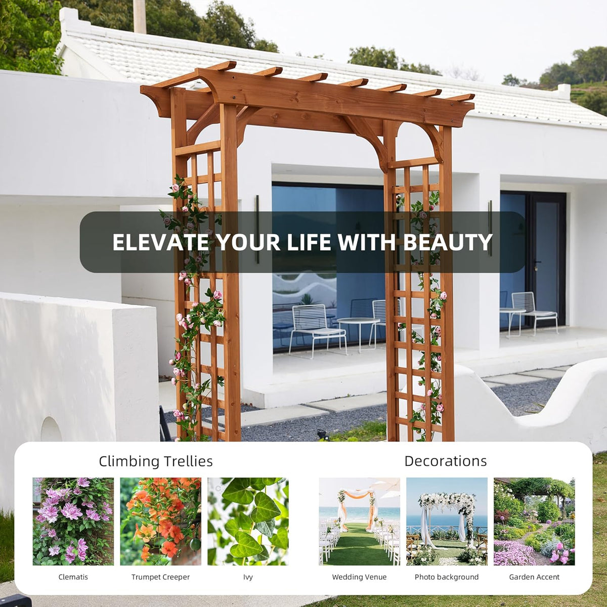 Solid Fir Wooden Garden Arch Premium Outdoor Trellis for Climbing Plants, 83.37”H×61”W×26’’D, Also
