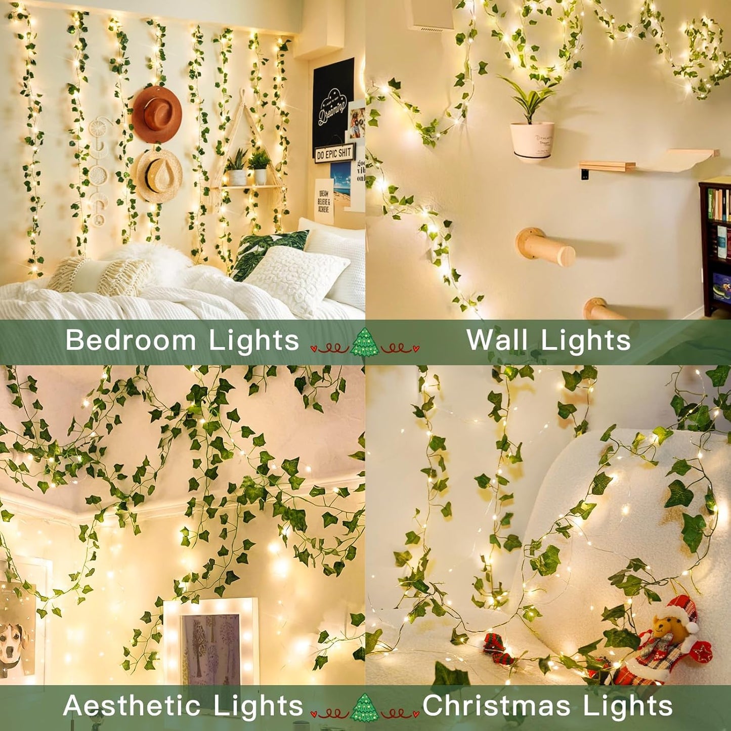 suddus Vine with Fairy Lights Battery Operated, 33ft 100 LED Ivy String Lights with Remote, Leaf