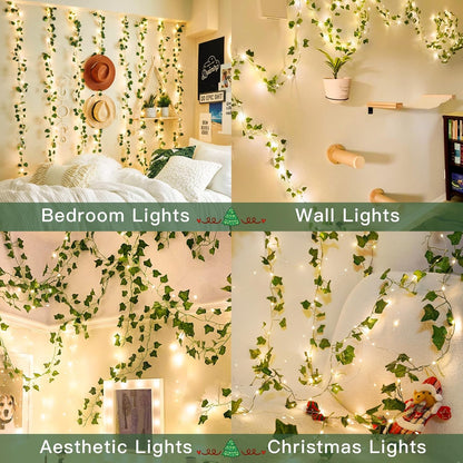 suddus Vine with Fairy Lights Battery Operated, 33ft 100 LED Ivy String Lights with Remote, Leaf