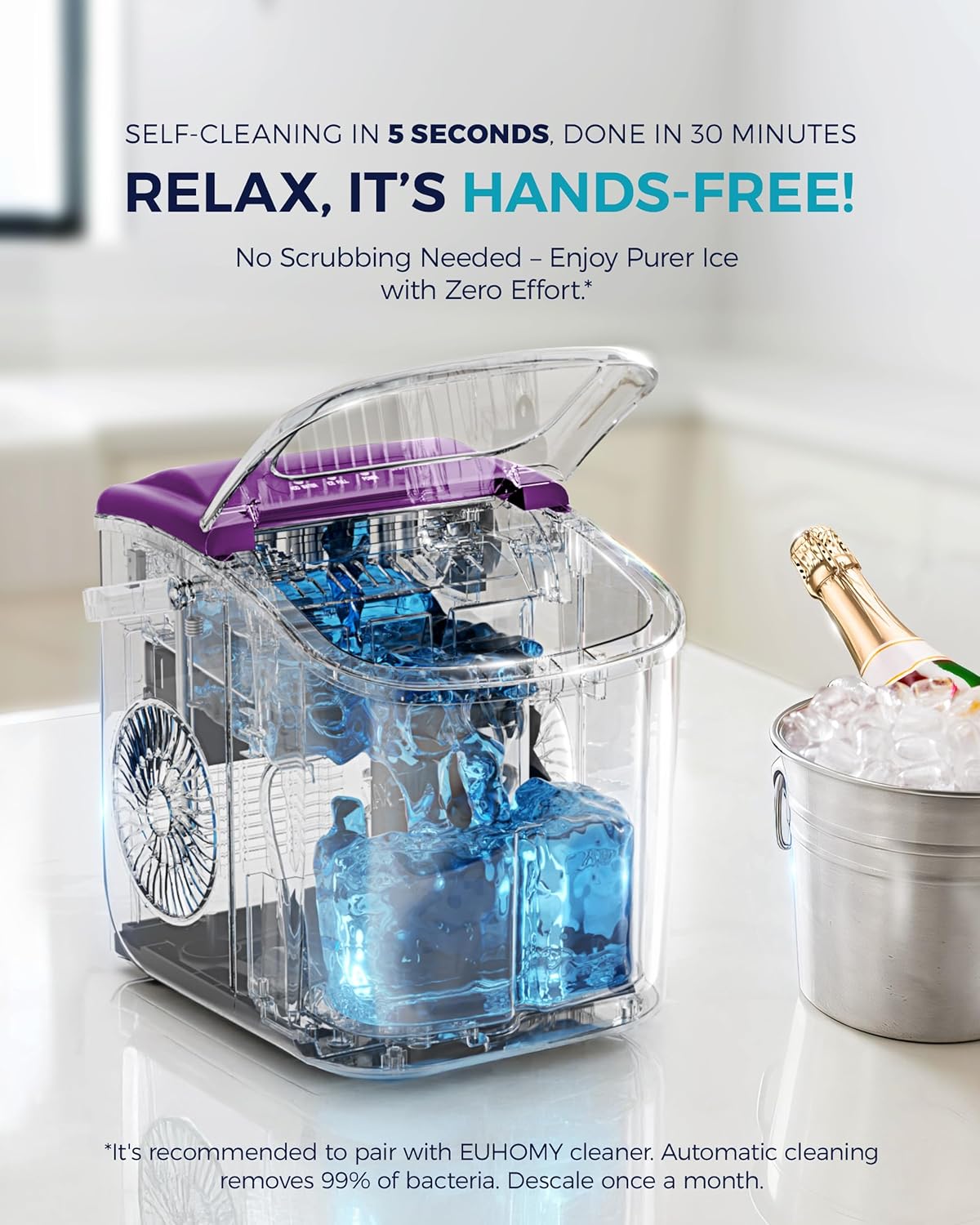 EUHOMY Countertop Ice Maker Machine with Handle, 26lbs Per Day, 9 Ice Cubes Ready in 6 Mins