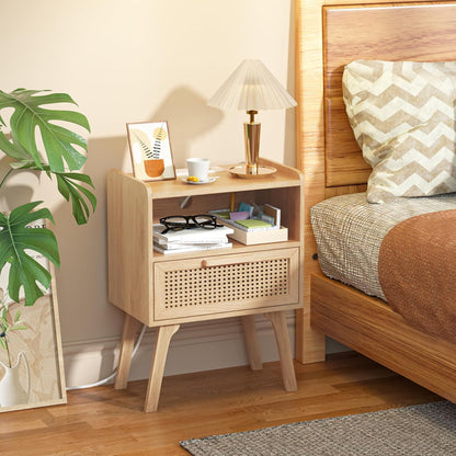 Lerliuo Rattan Nightstand with Charging Station, Boho Night Stand with Handmade Natural Rattan