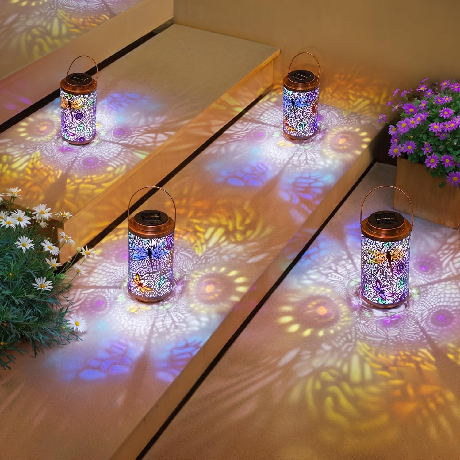2Pack Solar Outdoor Lanterns Waterproof Multicolor Dragonfly Garden Gifts for Mom Women Backyard