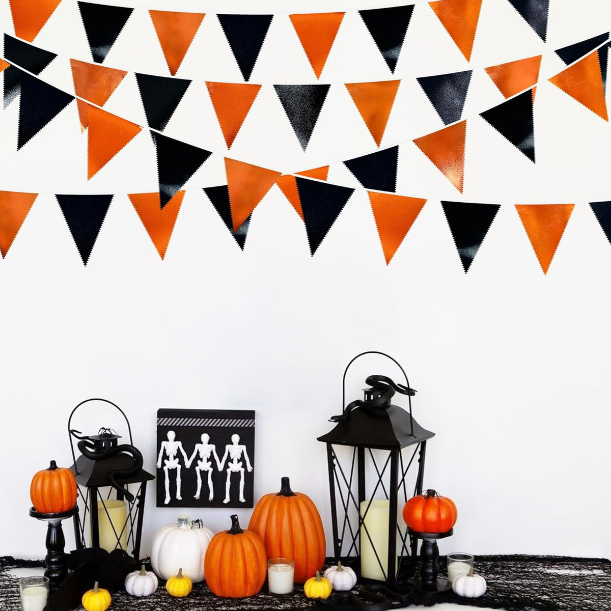 Black Orange Party Decoration Metallic Fabric Triangle Pennant Banner Flag Bunting Garland for