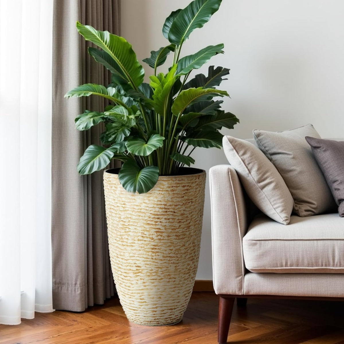 Worth 9 Gallon Tall Round Planters Set of 2-14" Dia x 21" H Stone Finish Flower Pots Indoor