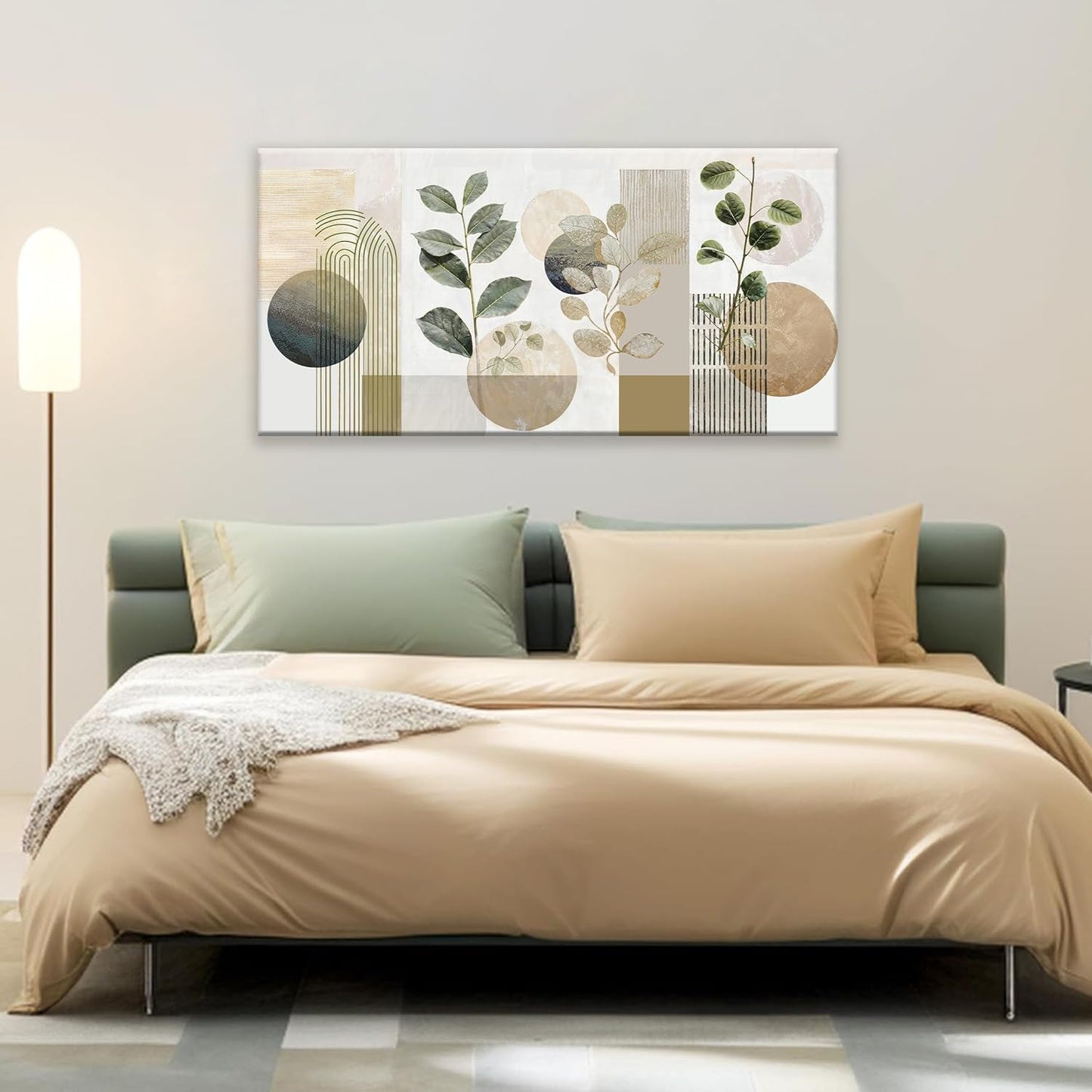 TAIJXAGSG Green Boho Wall Art Minimalist Canvas Wall Art Decor Geometric Line Leaf Beige Green Wall