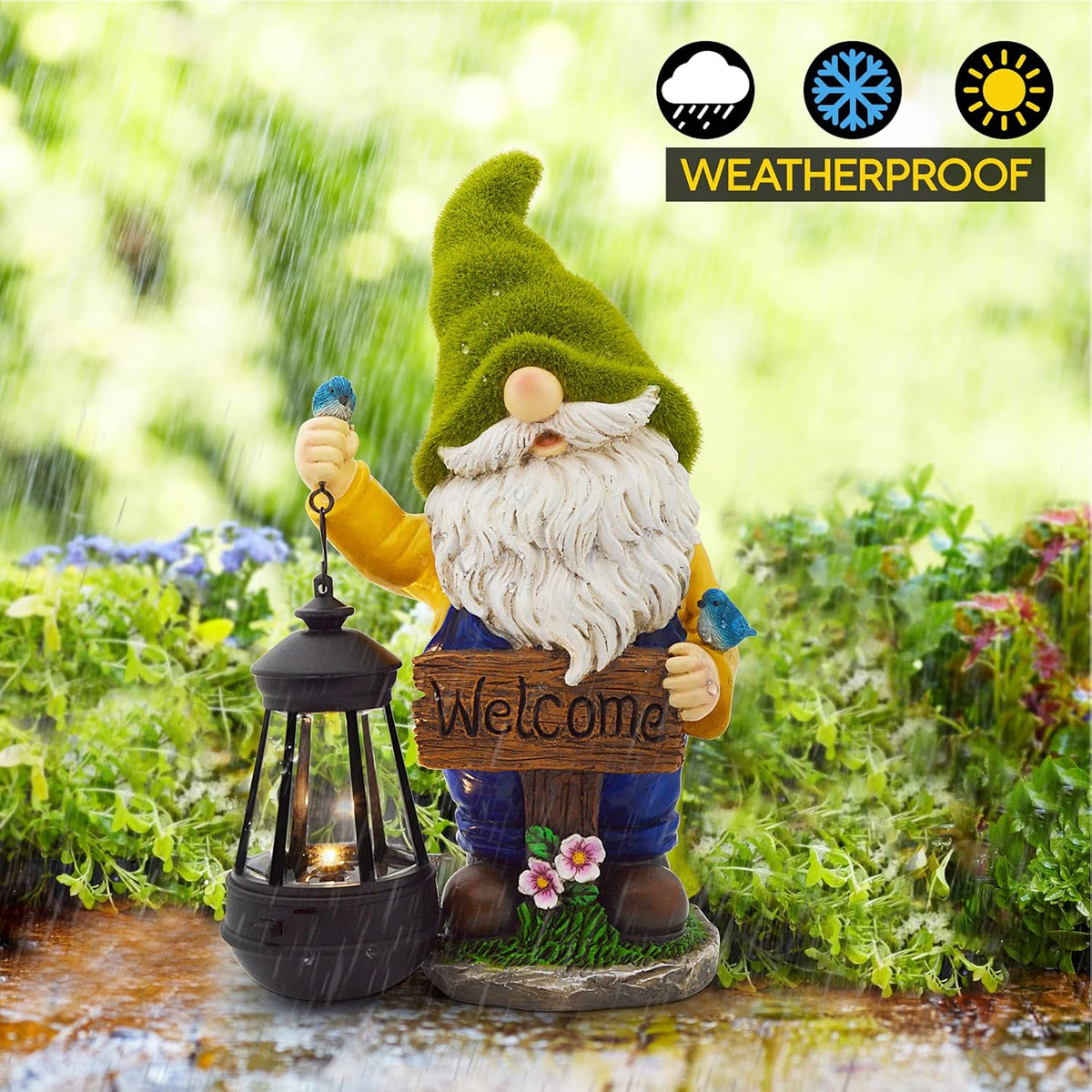 Garden Gnomes Outdoor - Flocked Gnome Statue Holding Lantern with Solar LED Lights | Gnomes Garden