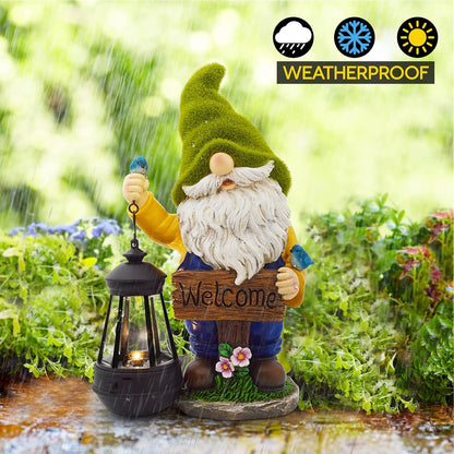 Garden Gnomes Outdoor - Flocked Gnome Statue Holding Lantern with Solar LED Lights | Gnomes Garden