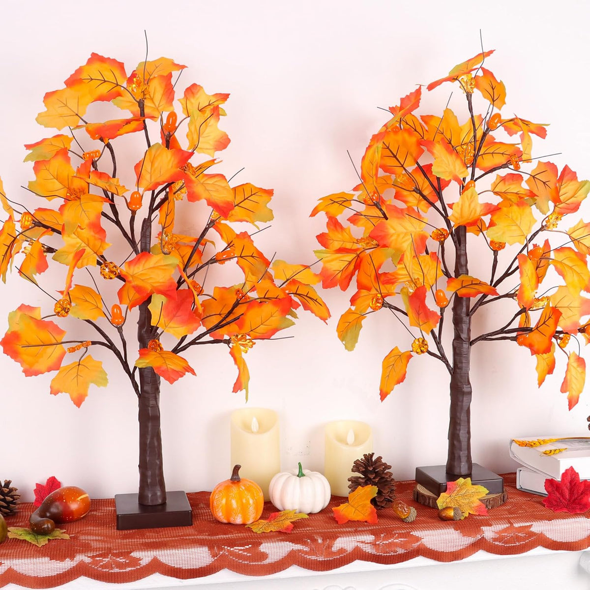 2 Pack 24 Inch Prelit Fall Maple Tree Fall Decor with 48 LED Timer Battery Operated Artificial Fall