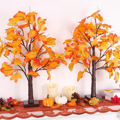 2 Pack 24 Inch Prelit Fall Maple Tree Fall Decor with 48 LED Timer Battery Operated Artificial Fall