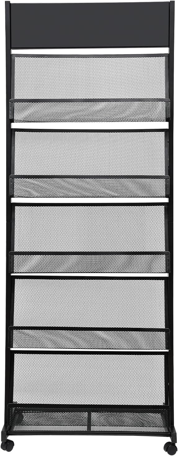 5-Tier Magazine Rack Floor Standing Brochure Display Stand with Universal Wheels & Brakes Metal