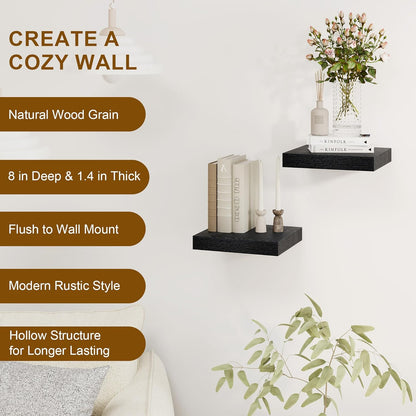 Fun Memories Black Floating Shelves 8 Inch Long, 8" Deep Wall Shelves, Small Deep Floating Shelf