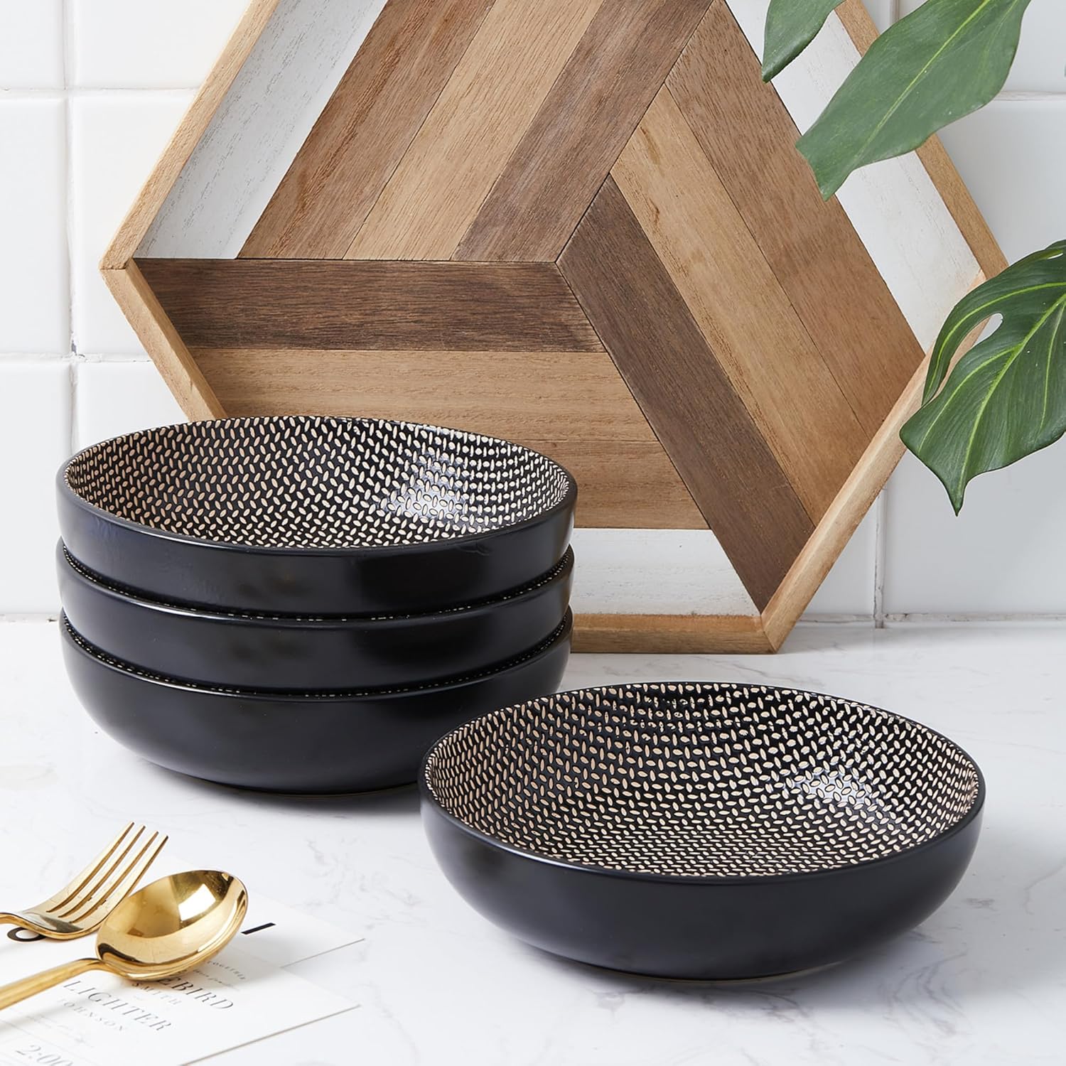Stone Lain Daisy Stoneware 32-piece Round Dinnerware Set, Brown and Black