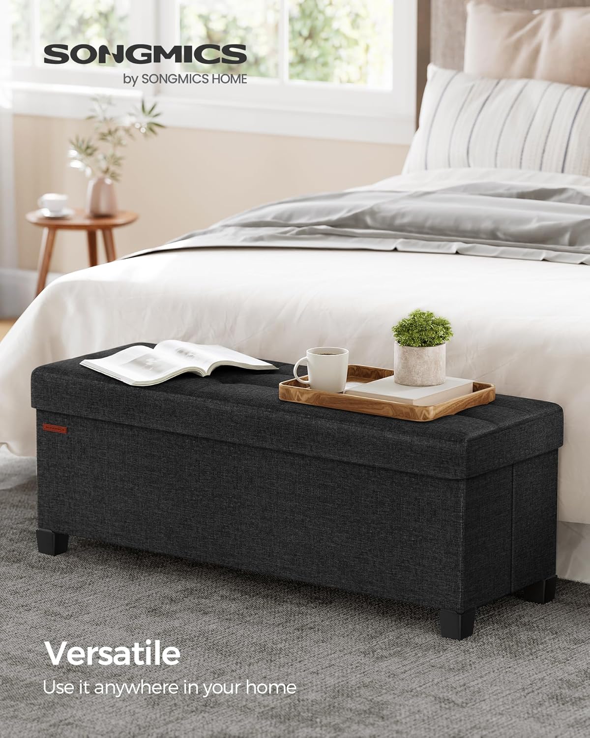 SONGMICS Storage Ottoman Bench, Foldable Foot Rest with Legs, 15 x 43 x 15.7 Inches, End of Bed