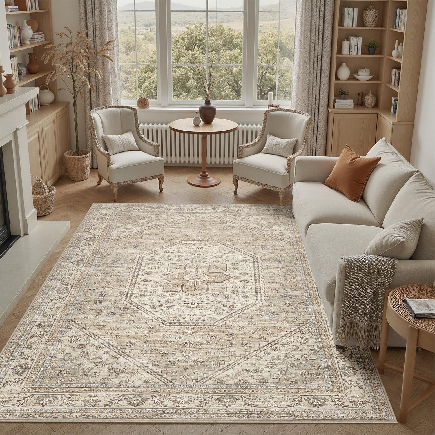 DCX Machine Washable Brown and Beige Area Rug 8x10, Non Slip Stain Resistant Vintage Floral Rug for