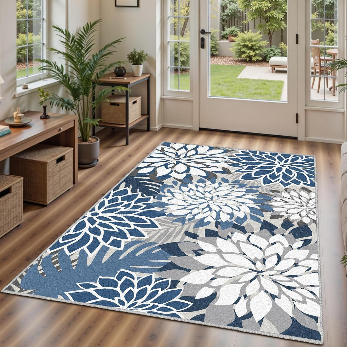 Area Rug 3x5 Blue White Washable Entry Rug Multicolored Tropical Botanical Modern Floral Indoor
