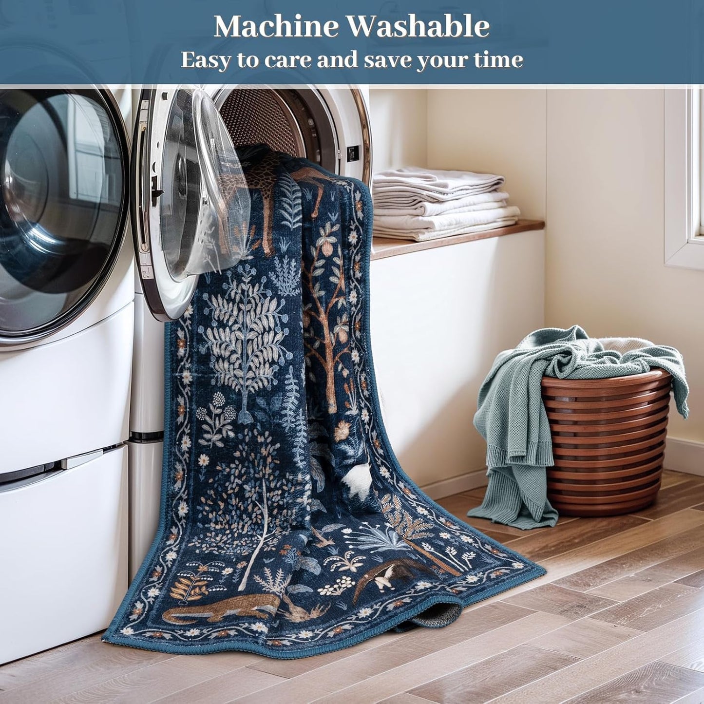 OJIA Jungle Print Blue 5x7 Rugs for Living Room, Soft Ultra-Thin Washable Area Rugs for Bedroom