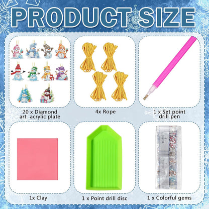 Skylety 20 Pcs Christmas Diamond Art Ornaments Kit Cute Snowman Diamond Painting Ornaments Tag DIY