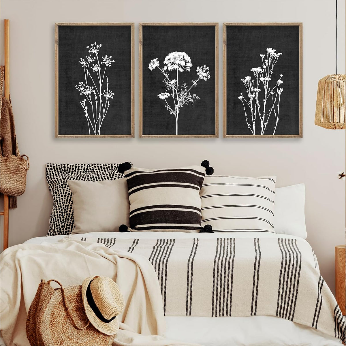 Flower Plant Wall Art Decor 16"x11" Set of 3 Black And White Botanical Painting Wood Framed For