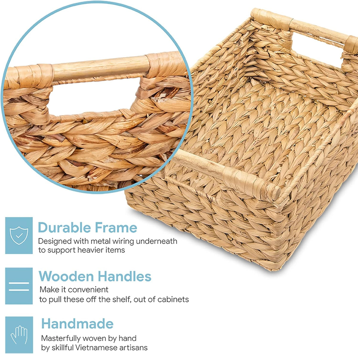 VATIMA Hyacinth Medium Wicker Basket 13.6x9.5x5.6" - With Handle, Living Room Decor, Rectangular