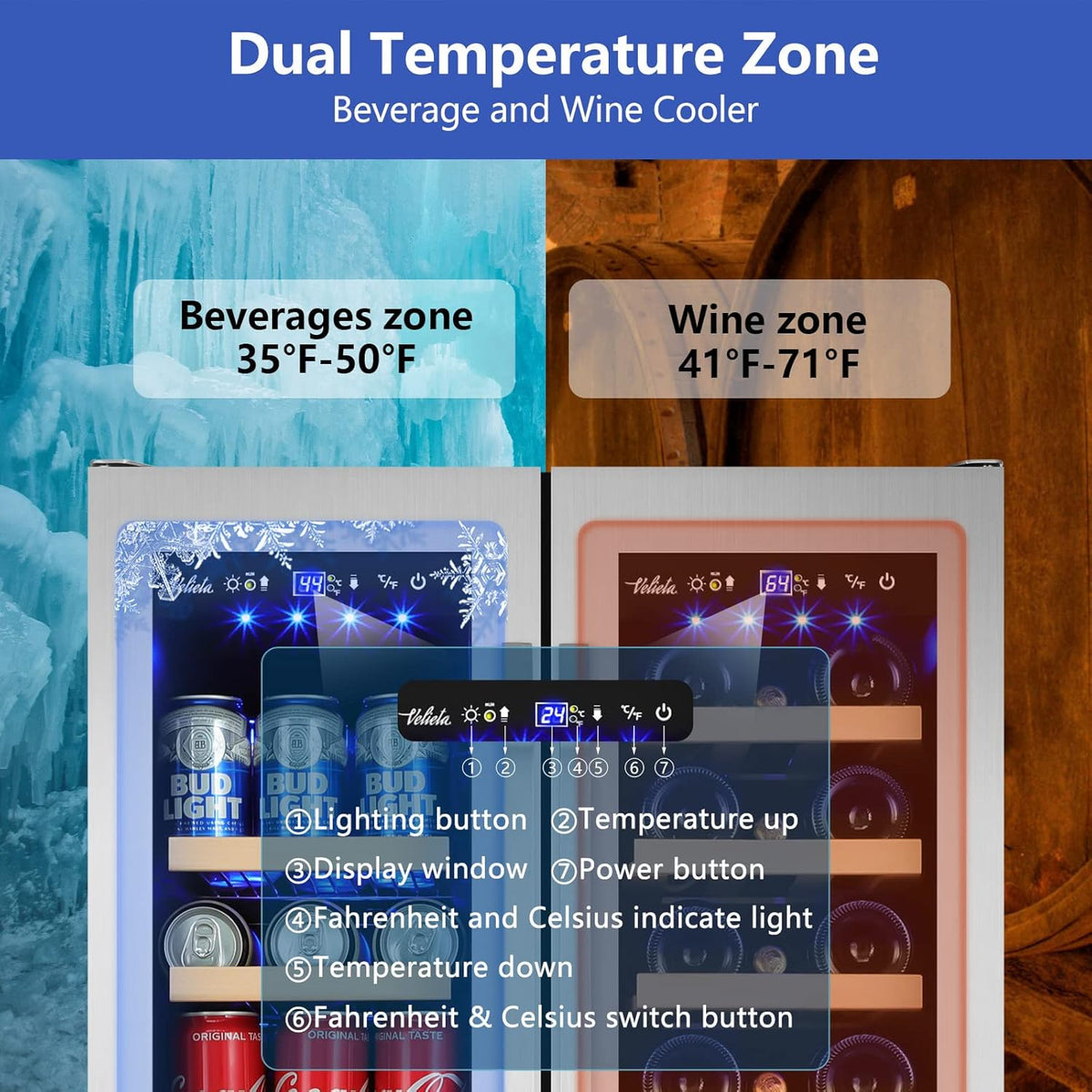 Wine and Beverage Refrigerator,24 Inch Dual Zone Wine Beverage Cooler, Built-in/Freestanding Beer