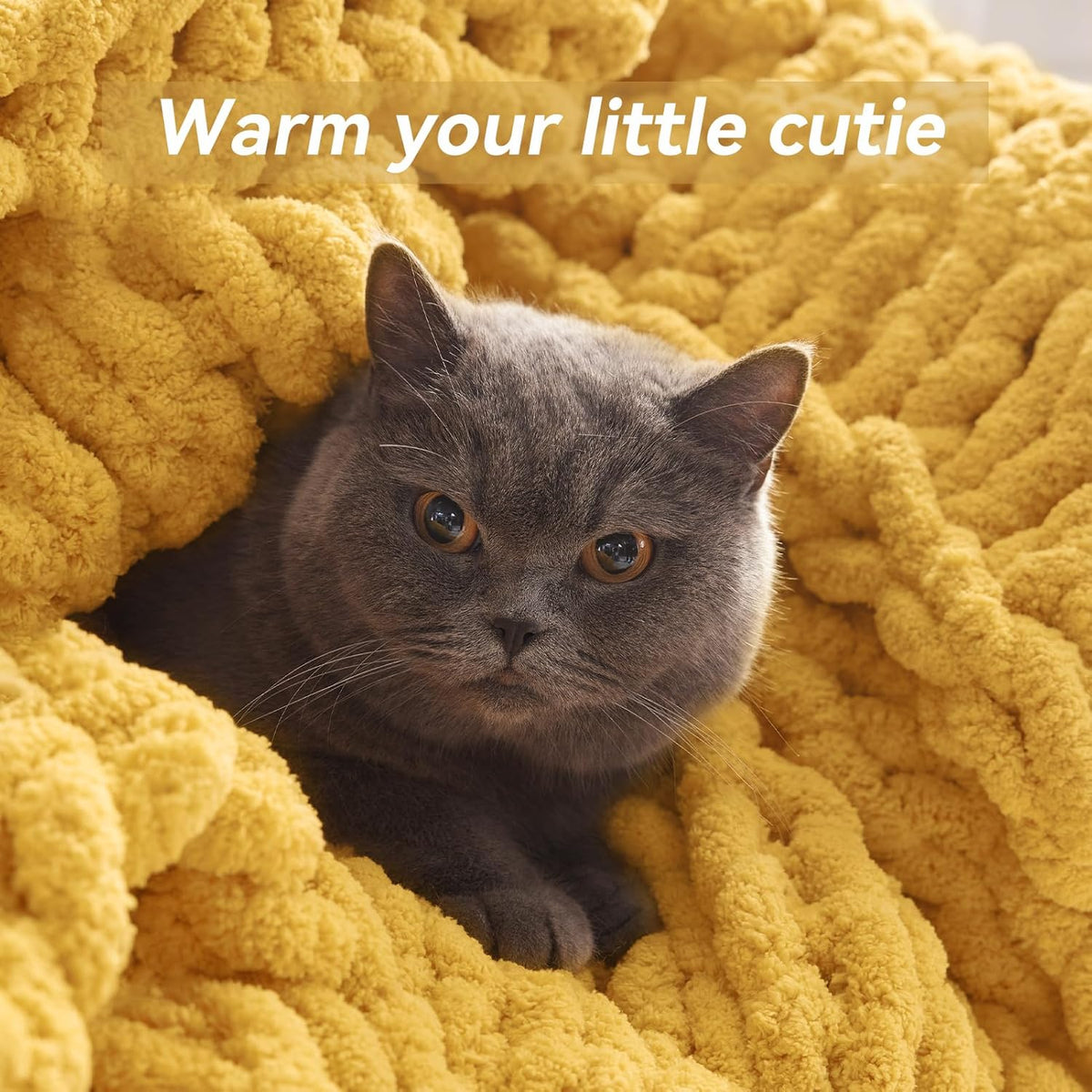 Chunky Knit Throw Blanket, 30''*40'' Knitted Throw Chenille Yarn for Bed Couch, Handmade Yellow