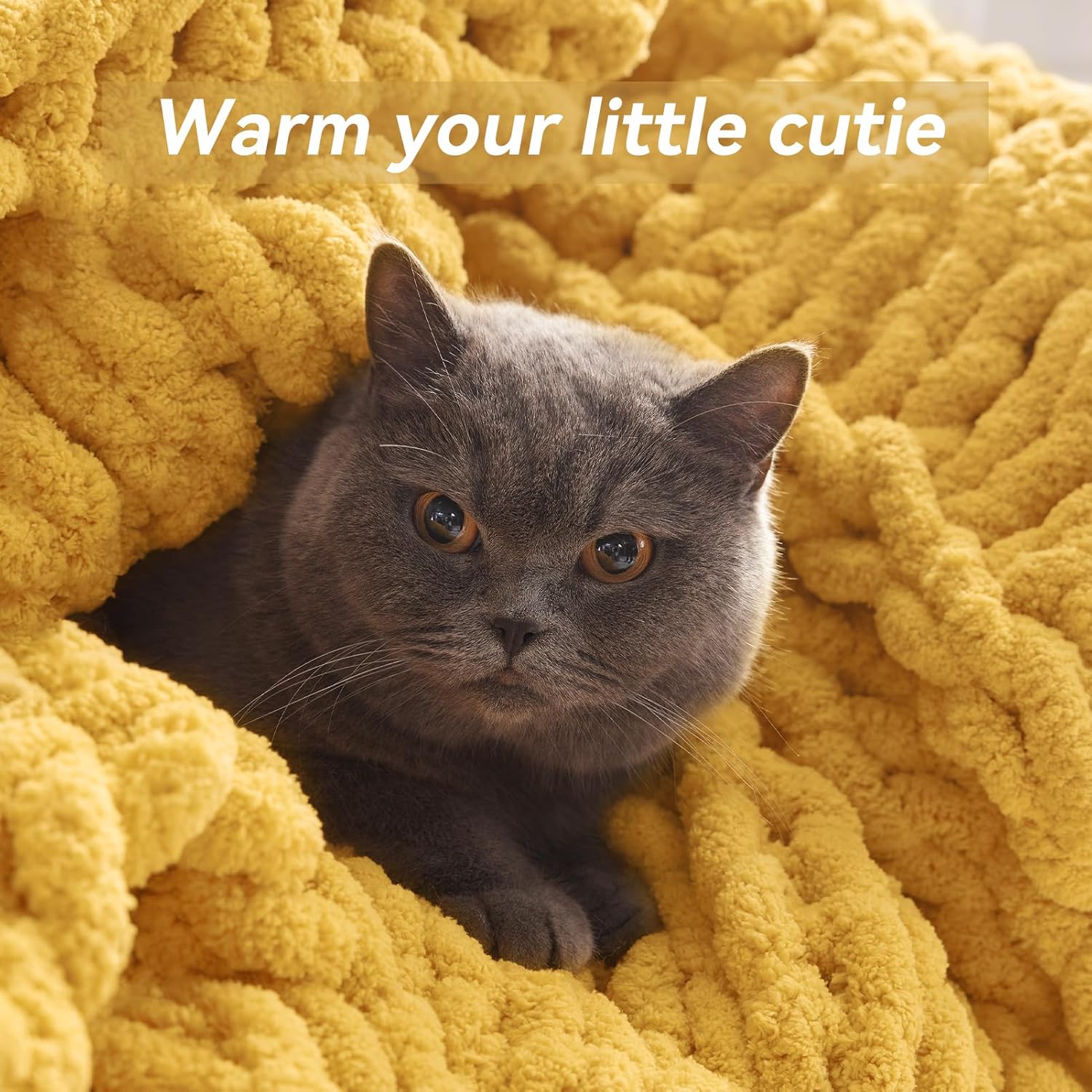 Chunky Knit Throw Blanket, 30''*40'' Knitted Throw Chenille Yarn for Bed Couch, Handmade Yellow