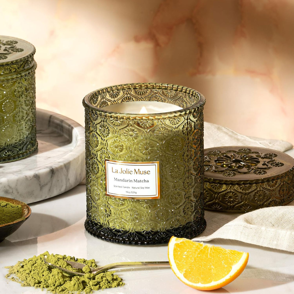 LA JOLIE MUSE Mandarin Matcha Candle - Bergamot, Matcha, Cedarwood | 19 oz Large Wooden Wick