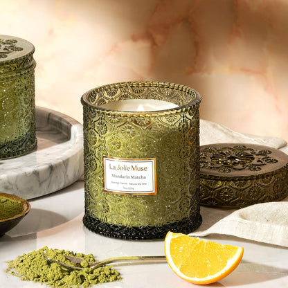 LA JOLIE MUSE Mandarin Matcha Candle - Bergamot, Matcha, Cedarwood | 19 oz Large Wooden Wick